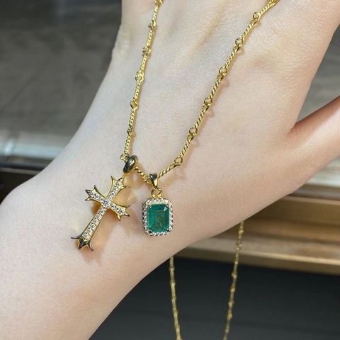 S925 Sterling Silver Cross Pendant Necklace Emerald Green Geometric Stone Gold Plated Gothic Twisted Rope Chain Jewelry