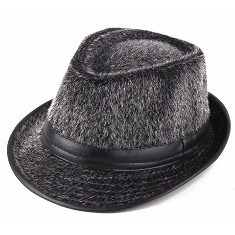 Vintage Faux Mink Fur Fedora Hat For Men Women Warm Winter Jazz Hat With Faux Leather Band Solid Color Gentleman Cap