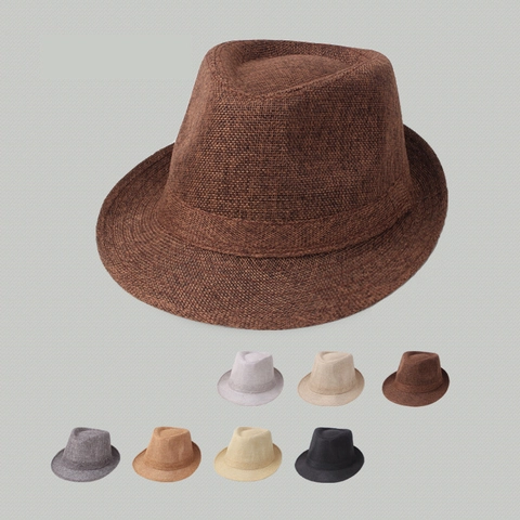 Herren Britischer Stil Gewebter Fedora Hut Sommer Atmungsaktiver Leinen-Look Jazz Hut Retro Sonnenkappe Für Ältere Männer