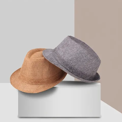Herren Britischer Stil Gewebter Fedora Hut Sommer Atmungsaktiver Leinen-Look Jazz Hut Retro Sonnenkappe Für Ältere Männer