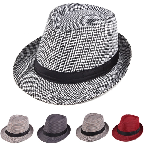 Chapeau Fédora Vintage Pied-de-poule Style Britannique Jazz Trilby Avec Ruban Décoratif en Coton Homme Femme
