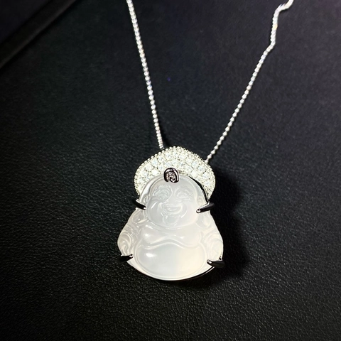 Collar Con Colgante de Buda Maitreya de Plata de Ley 925 Para Mujer Calcedonia Blanca Con Strass Incrustado Joyería Tradicional Elegante