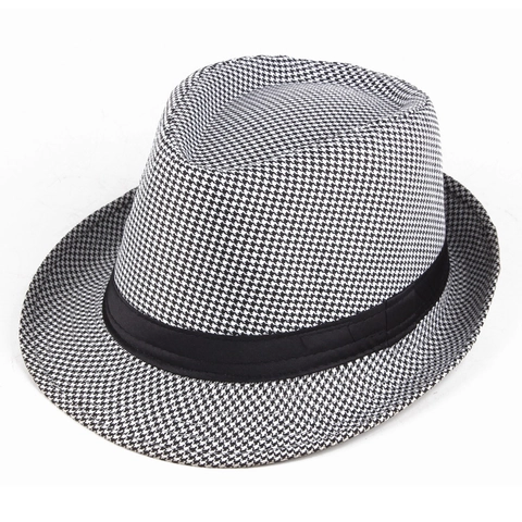 Chapeau Fédora Vintage Pied-de-poule Style Britannique Jazz Trilby Avec Ruban Décoratif en Coton Homme Femme