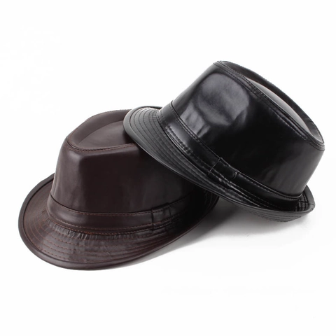 Sombrero Fedora de Cuero Artificial Vintage para Hombre Gorra de Jazz Cálida de Invierno Con Detalle de Costuras Color Sólido
