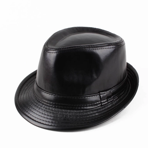 Sombrero Fedora de Cuero Artificial Vintage para Hombre Gorra de Jazz Cálida de Invierno Con Detalle de Costuras Color Sólido