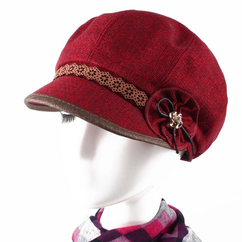 Casquette de Gavroche Vintage pour Femme Avec Décoration en Dentelle de Fleur Élégante Automne Hiver Chaud Mélange de Coton Béret de Peintre