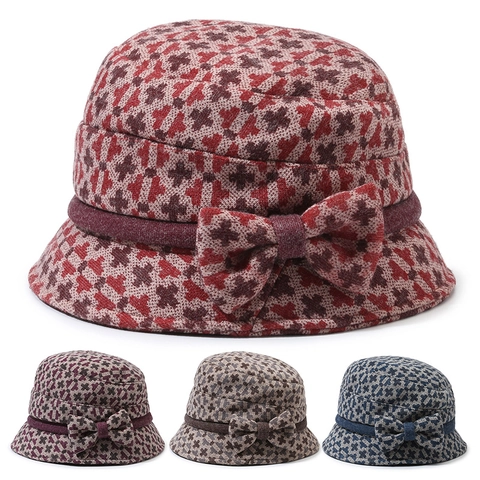 Women Vintage Polyester Houndstooth Cloche Hat With Bow Decoration Warm Winter Bucket Hat For Middle-Aged Elegant Ladies