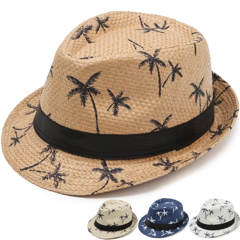 Summer Fedora Hat Polyester Palm Tree Printed Straw Style Sun Beach Hat Vintage Casual Wide Brim Trilby Hat Outdoor Sunshade