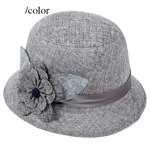 Sombrero de Pescador de Lino Vintage para Mujer Elegante Sombrero Cloche con Flores Protección Solar Ocio al Aire Libre