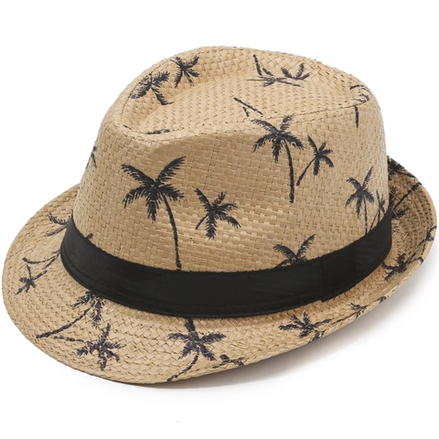 Summer Fedora Hat Polyester Palm Tree Printed Straw Style Sun Beach Hat Vintage Casual Wide Brim Trilby Hat Outdoor Sunshade