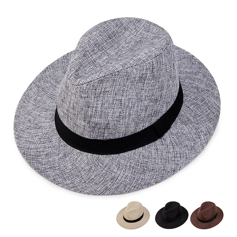 Sombrero Fedora de Lino Clásico para Hombre Ala Ancha Protección Solar Transpirable Gorra de Jazz Panamá Con Cinta para Viaje Playa Exterior