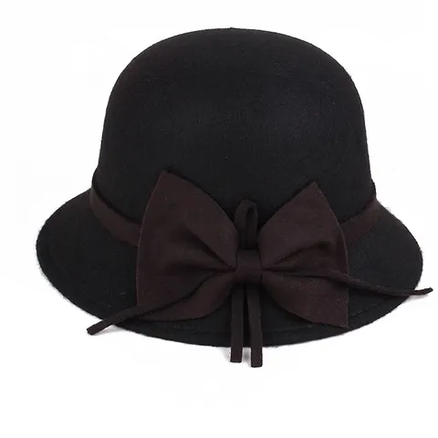 Elegant Women Polyester Wool Felt Cloche Hat Large Bow Vintage Solid Color Autumn Winter Church Dress Bucket Hat For Ladies