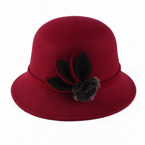 Sombrero Cloche de Mezcla de Algodón y Poliéster Vintage para Mujer Color Sólido Invierno Sombrero de Pescador de Fieltro Con Flor Pompón