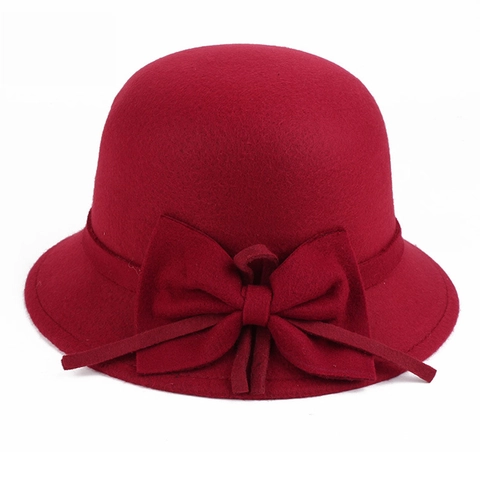 Elegant Women Polyester Wool Felt Cloche Hat Large Bow Vintage Solid Color Autumn Winter Church Dress Bucket Hat For Ladies