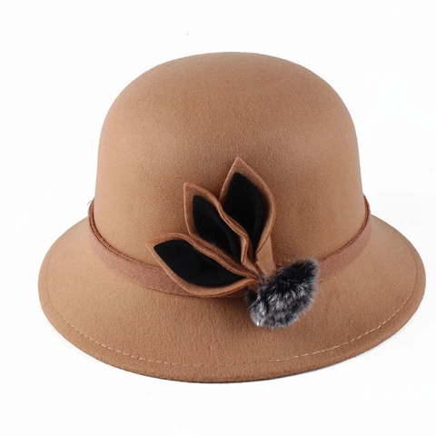 Sombrero Cloche de Mezcla de Algodón y Poliéster Vintage para Mujer Color Sólido Invierno Sombrero de Pescador de Fieltro Con Flor Pompón