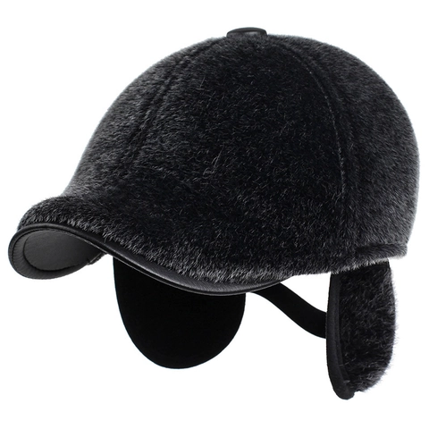 Casquette de Baseball d'Hiver pour Hommes en Fausse Fourrure de Vison et Cuir PU Avec Cache-oreilles Coupe-vent Béret à Visière Épais pour Hommes Âgés