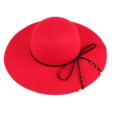 Women's Wide Brim Woolen Fedora Hat With Artificial Pearl Bowknot Decoration Elegant Retro Solid Color Winter Warm Sun Hat