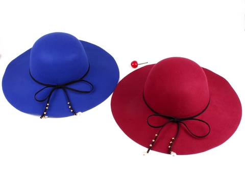 Women's Wide Brim Woolen Fedora Hat With Artificial Pearl Bowknot Decoration Elegant Retro Solid Color Winter Warm Sun Hat