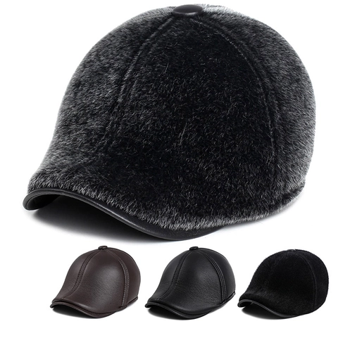 Casquette de Baseball d'Hiver pour Hommes en Fausse Fourrure de Vison et Cuir PU Avec Cache-oreilles Coupe-vent Béret à Visière Épais pour Hommes Âgés