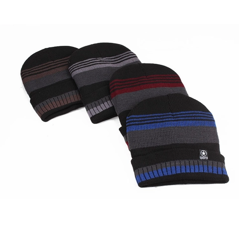 Winter Warm Knit Beanie Hat For Men Fleece Lined Striped Outdoor Skiing Cap With Sport Patch Star Pattern Casual Style Headwear
