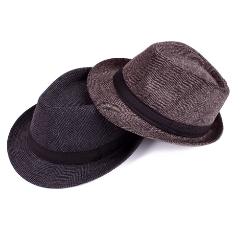 British Retro Men Fedora Hat Polyester Herringbone Plaid Jazz Cap Autumn Winter Warm Classic Gentleman Trilby Hat