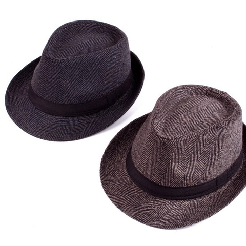 British Retro Men Fedora Hat Polyester Herringbone Plaid Jazz Cap Autumn Winter Warm Classic Gentleman Trilby Hat