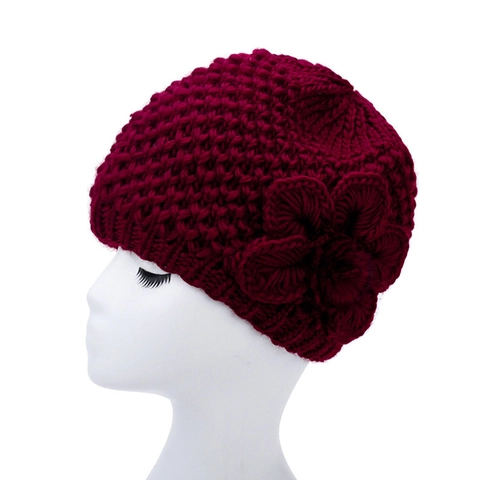 Gorro de Punto Grueso de Invierno para Mujer con Flor Tejida a Mano Pompon de Doble Capa Cálido Sombrero de Poliéster para Madre Anciana