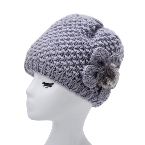 Gorro de Punto Grueso de Invierno para Mujer con Flor Tejida a Mano Pompon de Doble Capa Cálido Sombrero de Poliéster para Madre Anciana