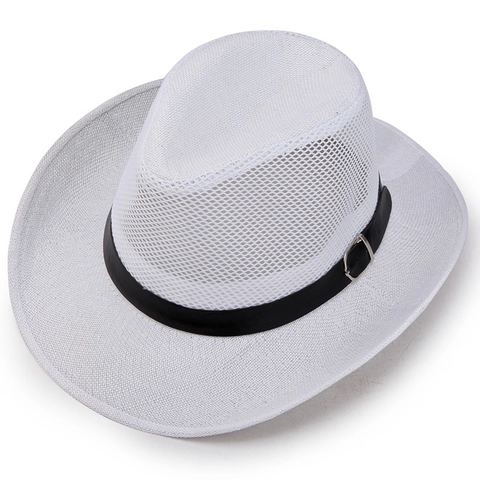 Chapeau de Cow-boy en Maille Respirante pour Hommes Été à Large Bord Chapeau de Soleil Avec Bande en Cuir Western Fedora Paille