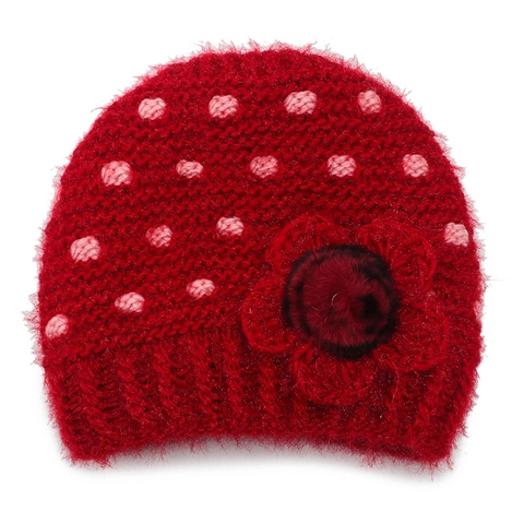 Berretto in Maglia Jacquard Caldo Invernale da Donna con Motivo a Pois Decorazione Floreale in Filato di Lana Accessorio Invernale