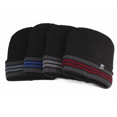 Men's Winter Knit Beanie Polyester Thick Warm Striped Cuffed Skull Cap For Outdoor Skiing Casual Windproof Cold Weather Hat