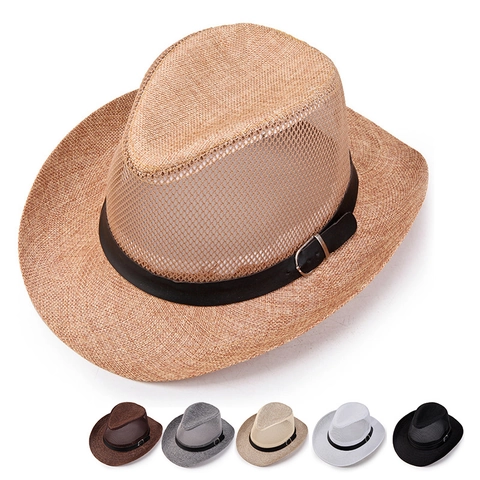 Chapeau de Cow-boy en Maille Respirante pour Hommes Été à Large Bord Chapeau de Soleil Avec Bande en Cuir Western Fedora Paille
