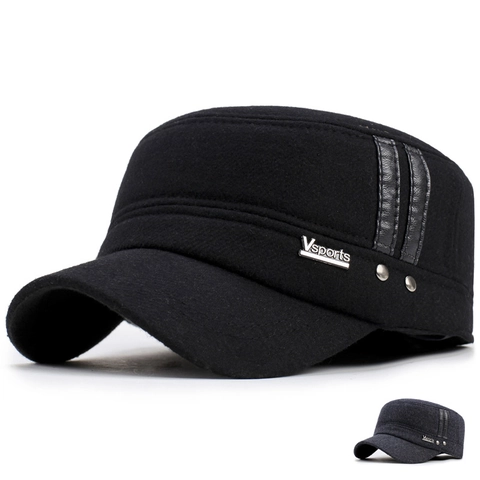 Uomo Inverno Caldo Lana Berretto Cadet Tinta Unita Cappello a Parte Superiore Piatta Con Paraorecchie Berretto da Baseball per Mezza Età