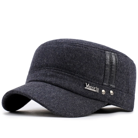 Uomo Inverno Caldo Lana Berretto Cadet Tinta Unita Cappello a Parte Superiore Piatta Con Paraorecchie Berretto da Baseball per Mezza Età