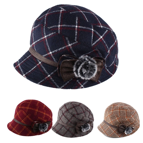 Women Vintage British Style Plaid Cloche Hat With Bow Pom-Pom Winter Warm Cotton Polyester Printed Checkered Bucket Hat