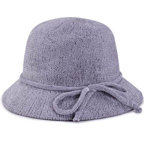 Cappello a Secchiello in Maglia Invernale da Donna Berretto di Ciniglia in Poliestere Caldo Alla Moda Con Fiocco Per Uscite Quotidiane
