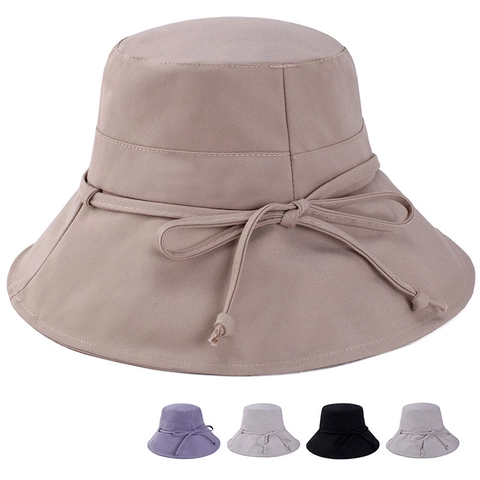 Chapeau Bob en Poliestere à la Mode pour Femmes Large Bord Protection Solaire Pliable Chapeau de Pêcheur Été avec Nœud