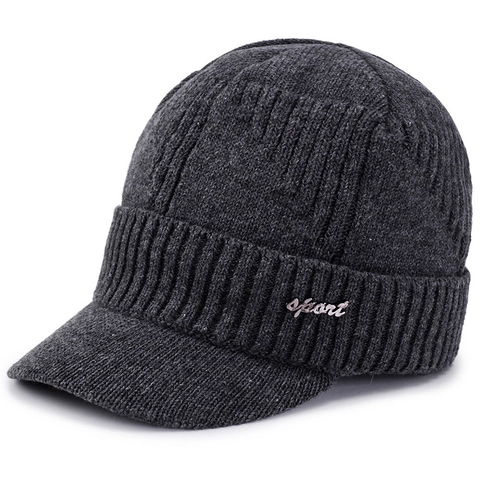Bonnet Tricoté Chaud d'Hiver pour Hommes Avec Visière Doublé de Polaire Épaisse Bonnet de Sport Coupe-Vent d'Extérieur pour Hommes