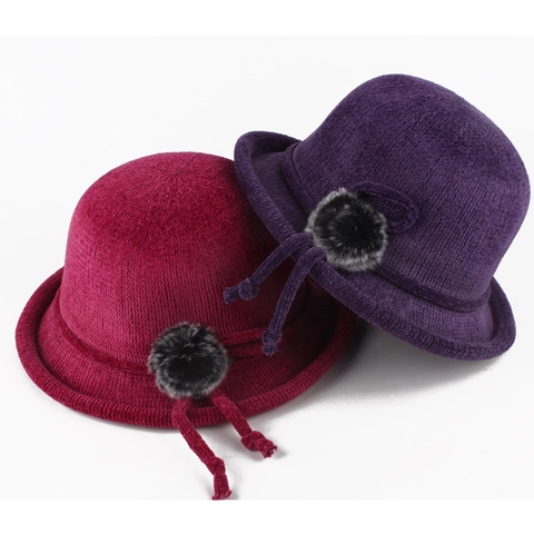 Women Autumn Winter Knit Cloche Fedora Hat With Three Flowers Pom Pom Warm Rolled Edge Elegant Jacquard Bucket Hat For Ladies