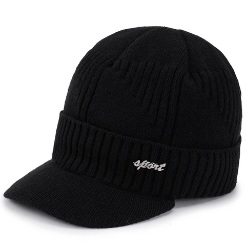 Bonnet Tricoté Chaud d'Hiver pour Hommes Avec Visière Doublé de Polaire Épaisse Bonnet de Sport Coupe-Vent d'Extérieur pour Hommes