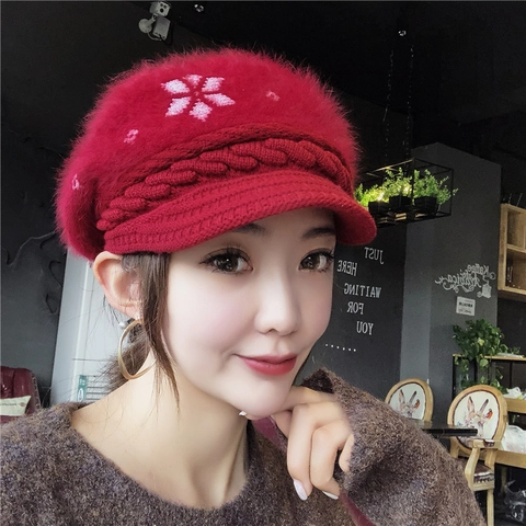 Bonnet d'Hiver en Tricot pour Femme Chaud Épais Doublé de Polaire Fausse Fourrure de Lapin Avec Bord Motif Floral