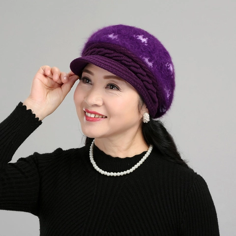 Bonnet d'Hiver en Tricot pour Femme Chaud Épais Doublé de Polaire Fausse Fourrure de Lapin Avec Bord Motif Floral