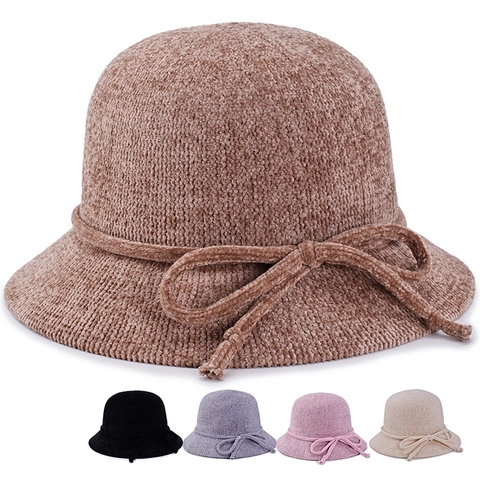 Cappello a Secchiello in Maglia Invernale da Donna Berretto di Ciniglia in Poliestere Caldo Alla Moda Con Fiocco Per Uscite Quotidiane