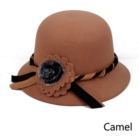 Elegant Women Woolen Felt Cloche Hat Autumn Winter Flower Fur Ball Decor Bowler Fedora Hat Vintage Round Top Fashion Cap