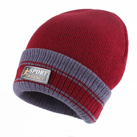 Men Winter Thickened Fleece Lined Knit Beanie Hat Thermal Windproof Outdoor Cuffed Sport Patch Yarn Skull Cap For Autumn