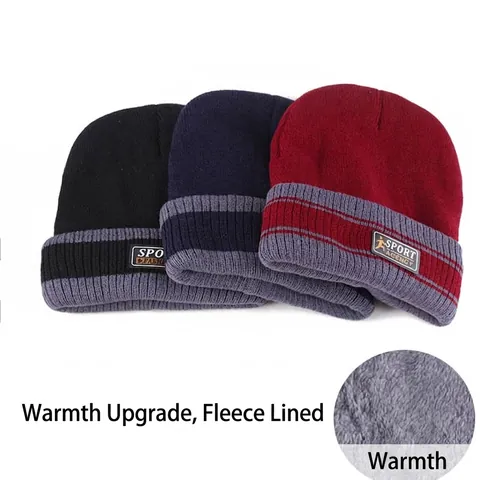 Men Winter Thickened Fleece Lined Knit Beanie Hat Thermal Windproof Outdoor Cuffed Sport Patch Yarn Skull Cap For Autumn
