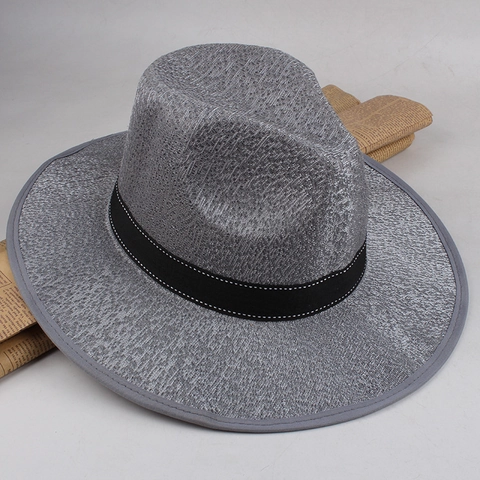 Classic Men Large Brim Straw Fedora Hat Sun Protection Summer Beach Cowboy Hat Breathable Jazz Hat With Decorative Band