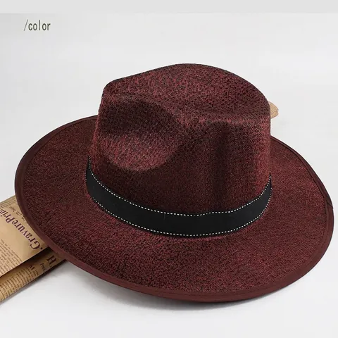 Classic Men Large Brim Straw Fedora Hat Sun Protection Summer Beach Cowboy Hat Breathable Jazz Hat With Decorative Band