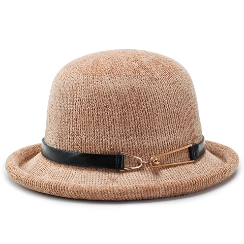 Cappello a Secchiello Cloche in Maglia alla Moda Coreana da Donna Con Decorazione Floreale Cintura in Ecopelle Tesa Arrotolata Cappello da Viaggio Parasole
