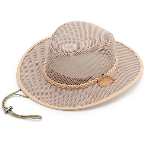 Mesh Cowboy Sonnenhut Polyester Atmungsaktiv Breite Krempe UV Schutz Outdoor Strand Angeln Western Stil Kappe Mit Winddichtem Seil
